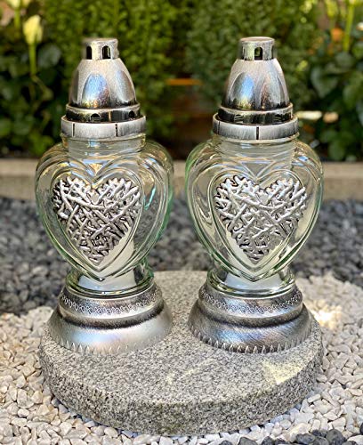 Garten Paradies Handmade 2 faroles de cementerio con diseño de corazón, decoración para tumba con 2 velas gratis