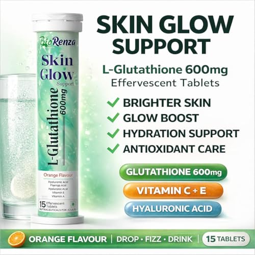 Image of Skin Glow Support L-Glutathione 600mg Effervescent Tablets, Orange Flavour, with Hyaluronic Acid, Vitamin C, E & A, 15 Tablets (1)