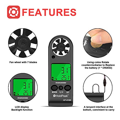 HOLDPEAK HP-816B Anemometer Handheld Wind Speed Meter Gauge Air Flow Velocity Measurement with Wind Chill Indication and Backlight for Windsurfing Kite Flying Shooting (Gift : Compass)