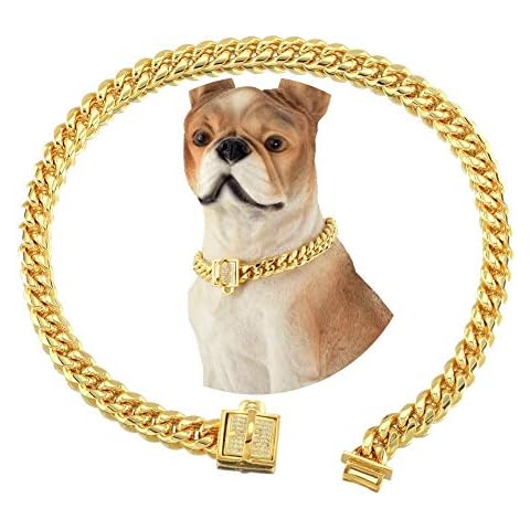 18K Gold Dog Cat Collar XS Small Metal Stainless Steel 10mm Luxury Training Collar Cuban Link with Zirconia Lock Necklace Chain Locking Chew Proof Collar (16inch(for 13.6~15.5" Neck)) Cover