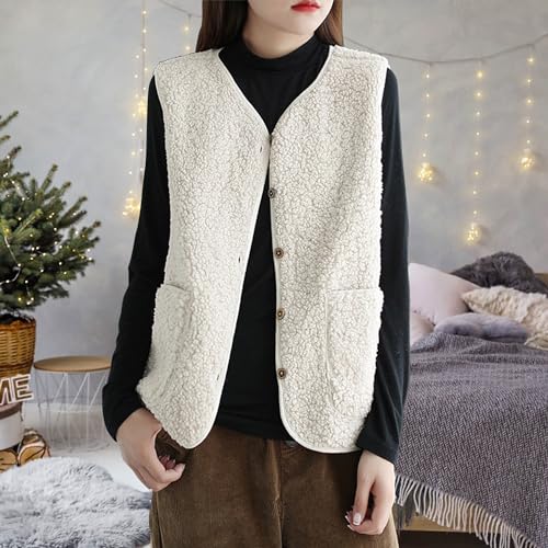 beifon Teddy Fleece Weste Damen Herbst Winter Warm, Ärmellos Fellweste Damen Einfarbig V-Ausschnitt Knöpfen Fleeceweste aus Teddyfell, Fell Weste Kurz Plüschweste Teddyweste Outwear Thermoweste