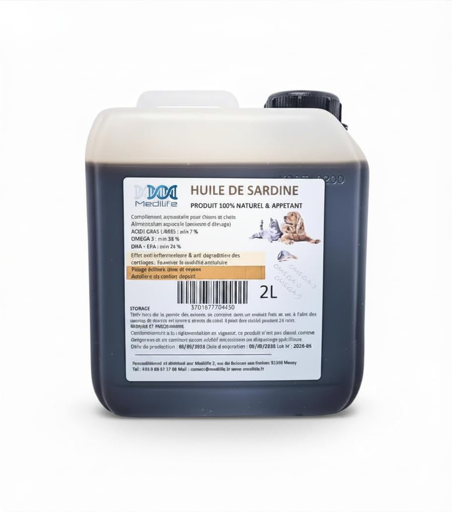 2L Huile de Sardine 100% Naturelle pour Chiens, Chats et Chevaux, Très Riche en Oméga 3-6-9 et Vitamines E | Fabriqué en UE