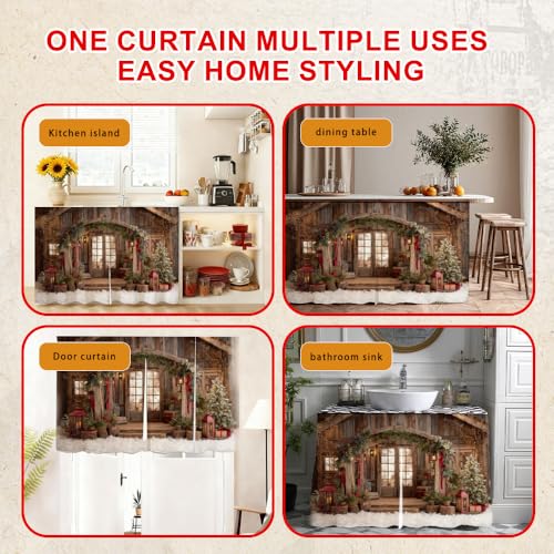 Image of Self Adhesive Cabinet Curtain for Mother's Day, 39x28 Inch Rustic Wood Cabin Under Sink Skirt No Drill, Spring Cleaning Kitchen Decor, Hook and Loop Laundry Shelf Valance, Fabric Panel