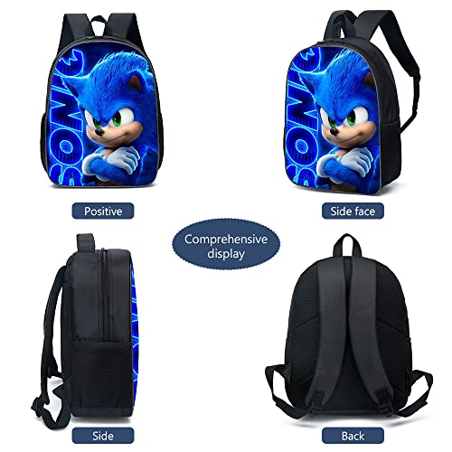 GDFENDU 3 peças mochila sônica com chaveiro, anime ouriço de 16 polegadas, mochila para laptop de vi