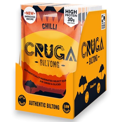 Cruga Biltong Chilli 12 Tüten à 60g Premium Rindfleisch Trockenfleisch High Protein Snack über 50% Eiweiß Glutenfrei Low Carb Würziger Beef Jerky Snack