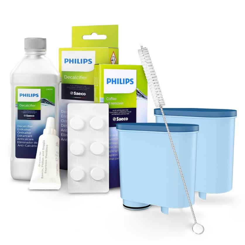 Wartungsset für Philips Kaffeemaschinen - 250 ml Entkalker, HD5061 Schmierfett, CA6704/10 Kaffeeentfetter + Sillar 2x Ersatzwasserfilter für CA6903, Reinigungsbürste