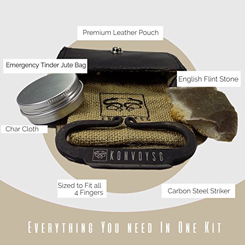 Konvoysg Carbon Steel Fire Striker, English Flint Stone & Char Cloth Traditional Hand Forged Fire Starter, Leather Gift Kit With Emergency Tinder Jute Bag (Black Leather) #TOP5