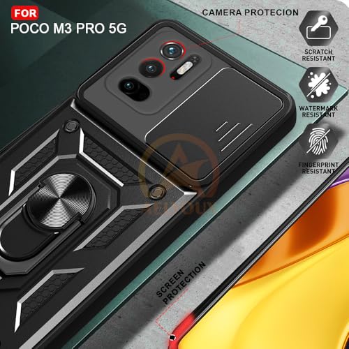 Image of Armor Bumper Back Cover Case for Poco M3 Pro 5G / Redmi Note 10T 5G Rotating Camera Cover, Ring Holder & Kickstand | Heavy Duty & 360 Degree Protection Back Cover (Black)
