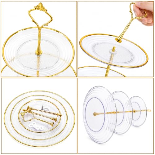 Image of Goaste 3 Pack 3 Tier Cupcake Stand, Clear Plastic Round Tiered Serving Stand with Gold Rim, Reusable Dessert Pastry Tower Tray, Candy Buffet Holder for Wedding Birthday Baby Shower Tea Party Decor