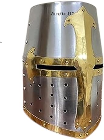 Medieval Knight Crusader Armour Helmet | Silver Finish Sugarloaf and Brass Design Templar Helmet |
