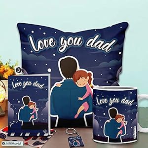 Jhingalala Gift For Father | Love You Dad Printed Cushion With Filler, Coffee Mug, Key Chain, Greeting Card | Combo…