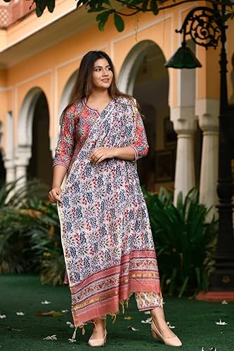 Image of Leriya Fashion Cotton Printed Kurta Sets for Woman | V Neck Festive Anarkali Suit for Women | Ethnic Kurta Set with Dupatta for Women | Wedding Kurti Set for Woman