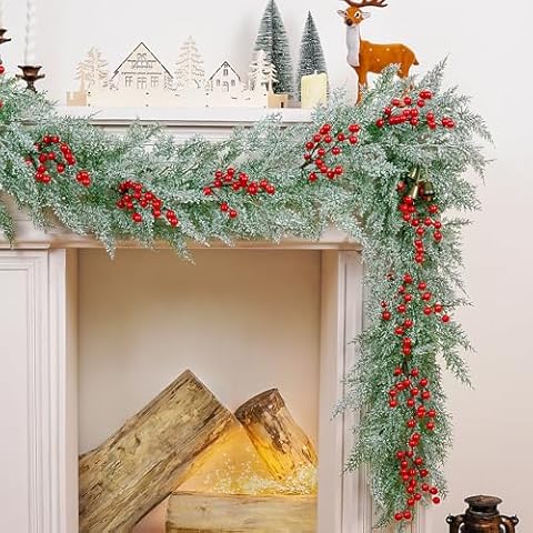 Dolicer 6FT Christmas Pine Garland, Artificial Snowy Cedar Garland with Red Berries, Lush Winter Greenery Garland with Lights for Mantel Home Fireplace Holiday Weeding Christmas Decorations Cover