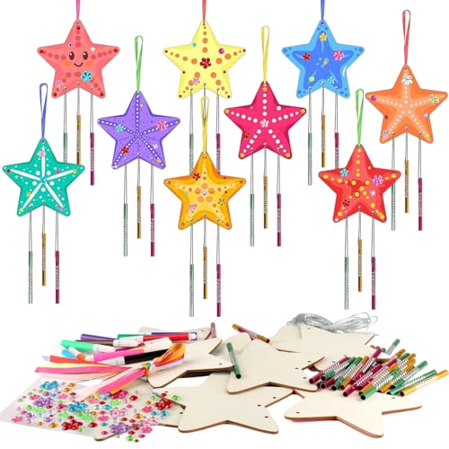 YONGQING 9 Pieces Star Wind Chime Craft Set, DIY Wooden Wind Chimes,Kids Wind Chime Crafts, Wind Chimes for Farden for Christmas, Thanksgiving, Birthday, Halloween