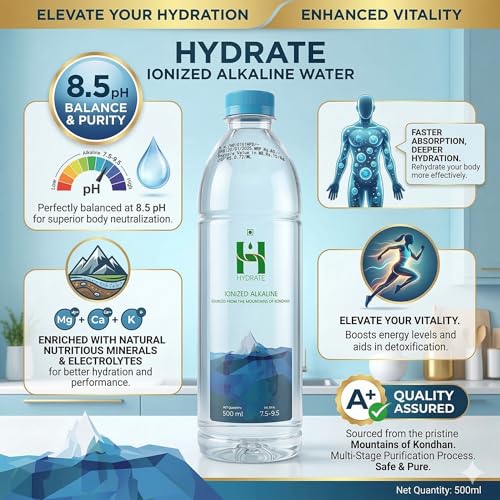 Image of Hydrate Alkaline Water | Pack of 30, 500 Ml Each | 8.5 pH Ionized Water with Essential Minerals | Boosts Hydration, Energy & Metabolism | Reduces Acidity & Fatigue | Improves Digestion & Skin Health