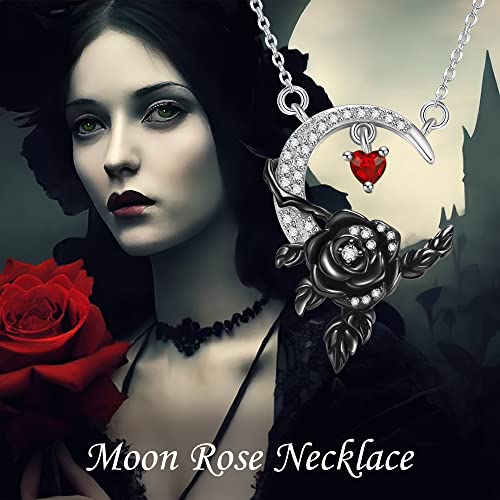 Hukkun Moon Necklace Sterling Silver Black Rose Flower Necklace For Women Gothic Necklace Goth Jewelry Gift For Girls #TOP6