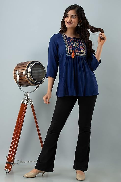 Image of Avayayat Short Kurti for Women | Embroidered Straight Rayon Kurta | Round Neck Full Sleeves Short Kurti for Women's