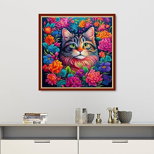 Image of Findvoor Stamped Cross Stitch Kits for Beginners Full Range of Cross Stitching Embroidery Pattern for Adults, 11CT DIY Needlepoint Embroidery Starter Kits-Flower Cat 17.7x17.7 inch