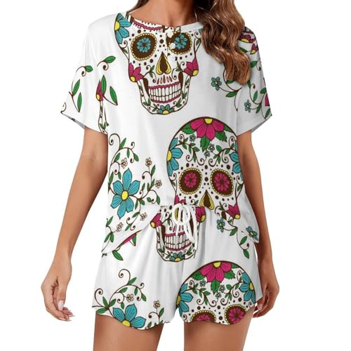 Pyjama femme crâne fleuri manches courtes pour savourer la douceur des nuits d'été