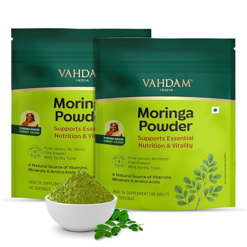 Image of VAHDAM Moringa Powder 200g | Pure Leaves, No Stems | Natural Source of Vitamins, Minerals & Amino Acids | For Smoothies, Cooking & Daily Nutrition | Non-GMO | 80 Servings (Pack of 2)
