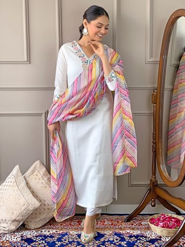 Image of Women's Kurta Set with Floral Print Dupatta, White and Purple