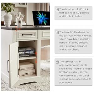 JXQTLINGMU 58 Executive Desk Farmhouse Computer Desk with Drawers and Cabinet Embossed Texture Home Office Desk Workspace for Work Study Writing Off White