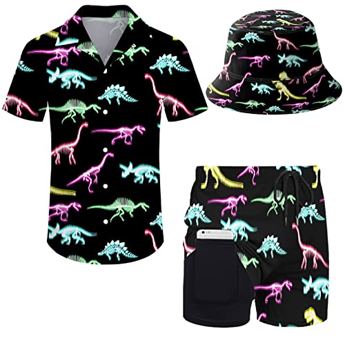 Wdpsuxin Mens Dinosaur 2 Piece Tracksuit Hawaiian Button Down Shirt And Compression Liner 2 In 1 Shorts Sets With Bucket Hats Large #TOP28