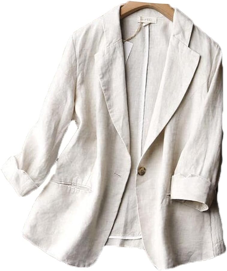 Linen Blazer Women Blazers for Work Casual Business Solid Color 3/4 Sleeve Summer Blazer Jacket Suit Coat Beige M