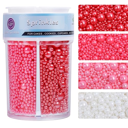 Image of Valentines Sprinkles for Cake Decorating, 7.8oz Pearl Sprinkles 4 Colors Mix Sweet Pink Red White Pearls for Cake Cupcake Cookie Baking Donuts Ice Cream Toppings