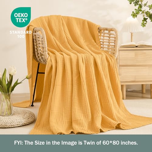 Image of EMME Cotton Muslin Large Throw Blanket Couch Breathable Gauze Soft Lightweight Bed Blankets Adults (Heather Yellow, 50 inchx70 inch)