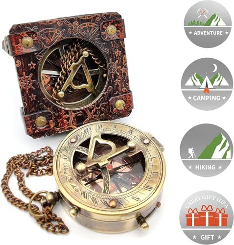 Compás de bolsillo de latón artesanal con reloj solar estilo steampunk y estuche de cuero, regalo pirata miniatura 7