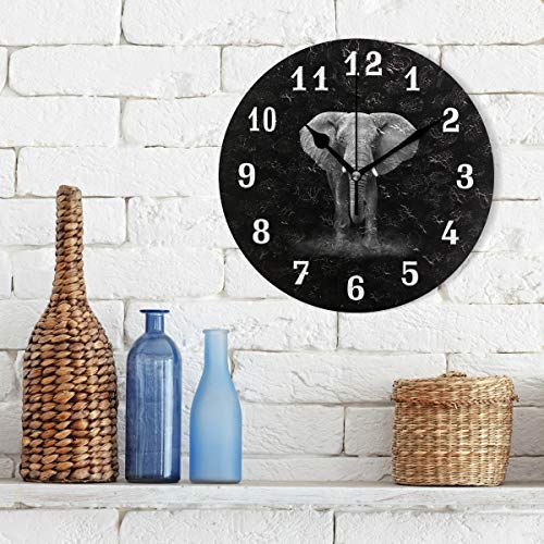 Wall Clock African Animal Elephant Black, Silent Non Ticking Clock For Kitchen Living Room Bedroom Home Artwork Gift #TOP2