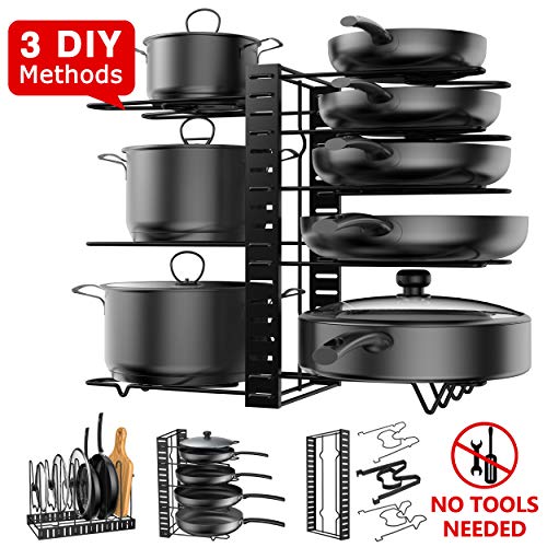 Pot Rack Organizer, 3 DIY Methods, Height and Position are Adjustable - 8 Pots Holder, Metal Kitchen Cabinet Pantry Pot Pan Lid Holder (BLACK)