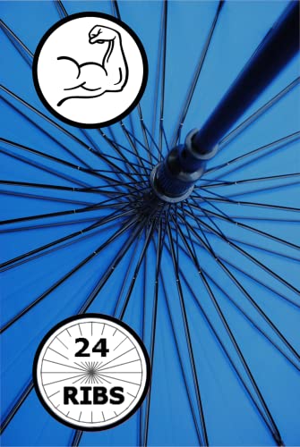 Collar And Cuffs London - 24 Ribs For Super-Strength - Windproof 60Mph Extra Strong - Triple Layer Reinforced Frame With Fiberglass - Auto - Hook Handle Wood - Azure Blue Canopy Umbrella - Automatic #TOP3