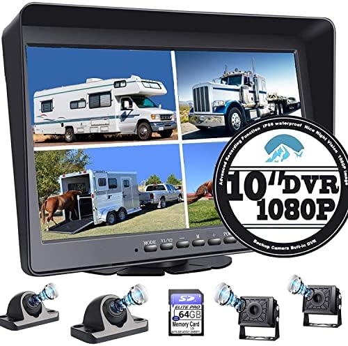 RV Backup Camera 10.1" 1080P Monitor & Built-in DVR for Truck Trailer Rear Side Front Reversing View Wired System FHD Image 4 Split Large Screen 64GB Record IP69 Waterproof Avoid Blind Spot Kit