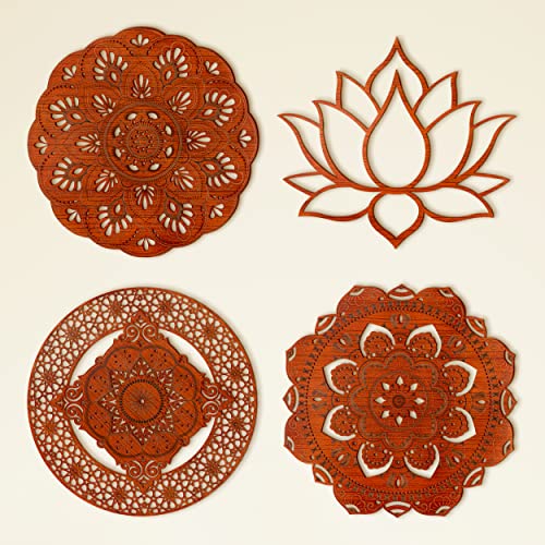 Wood Wall Decor 4In 1 Mandala Set- Hanging Wood Wall Art With Engraved Design, Flower Of Life Wooden Decoration - Sacred Geometry Wall Art For Home Or Yoga Studio , Cafe, Office (4 In 1 Set, 5.11 Inches H/W) #TOP15