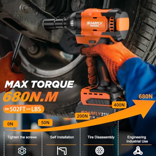 SOARFLY Cordless Impact Wrench, 1/2 Impact Gun, 20V Power Impact Driver, Max Torque 502ft-lbs(680N.m) Brushless Motor Electric Wrench with 4.0Ah Battery, 1 Fast Charger, 6PCS Sockets, 1 Extension Bar - Thumbnail 3