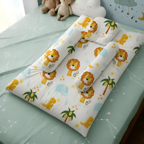Image of StarAndDaisy Newborn Baby Bedding Set, Baby Bed Soft & Breathable, Godari Boys & Girl Design, Cushioned Mattress Sheet with 2 Side Bolster Pillows & 1 Head Pillow.