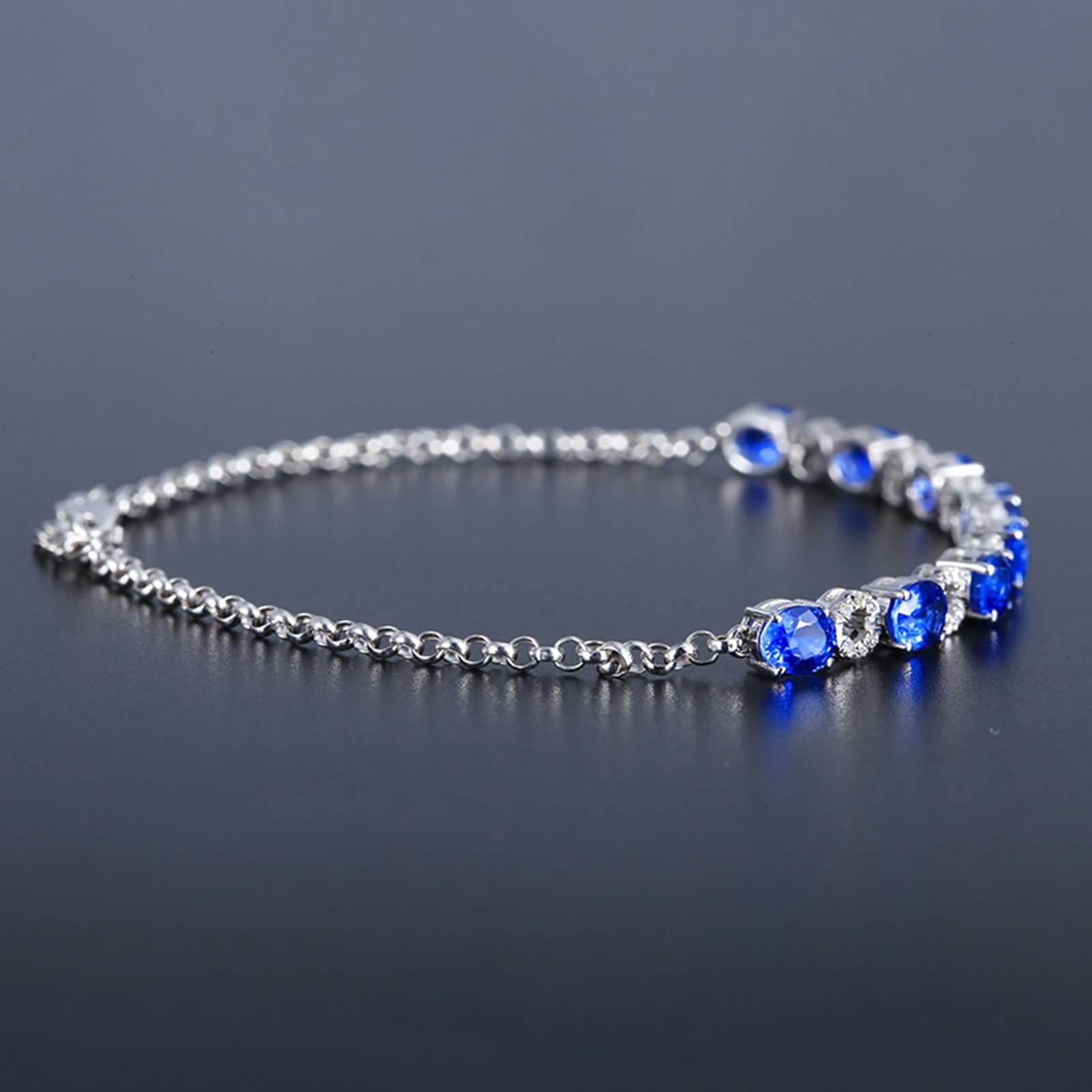Bracciale Donna Oro Bianco 9 Kt / 14 Kt / 18 Kt 750, Ovale e Cavo con Zaffiro Creato da 3,62 ct e Moissanite, Regolabile 16 CM + 5 CM, Bracciali Catena Blu Argento Donna