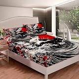 Loussiesd Sábana bajera ajustable de onda japonesa, 90 x 200 cm, diseño de grúa, estilo japonés, estilo oriental, exótico, estilo retro