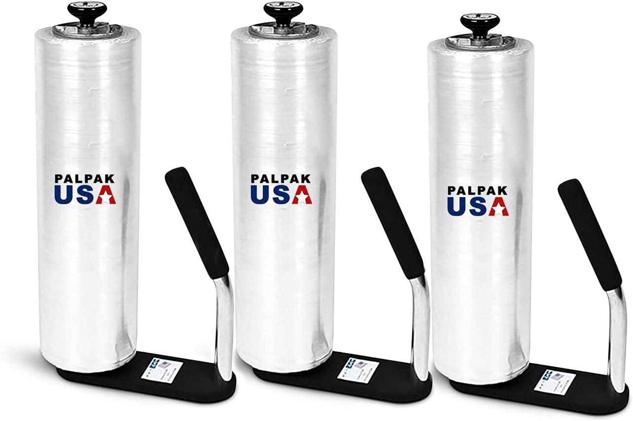 Made in USA! Industrial Strength Stretch Film Dispenser - Palpak100 Light Weight Pallet Wrapper – Tension Knob Adjustment Wrap Handle (3 Pack)