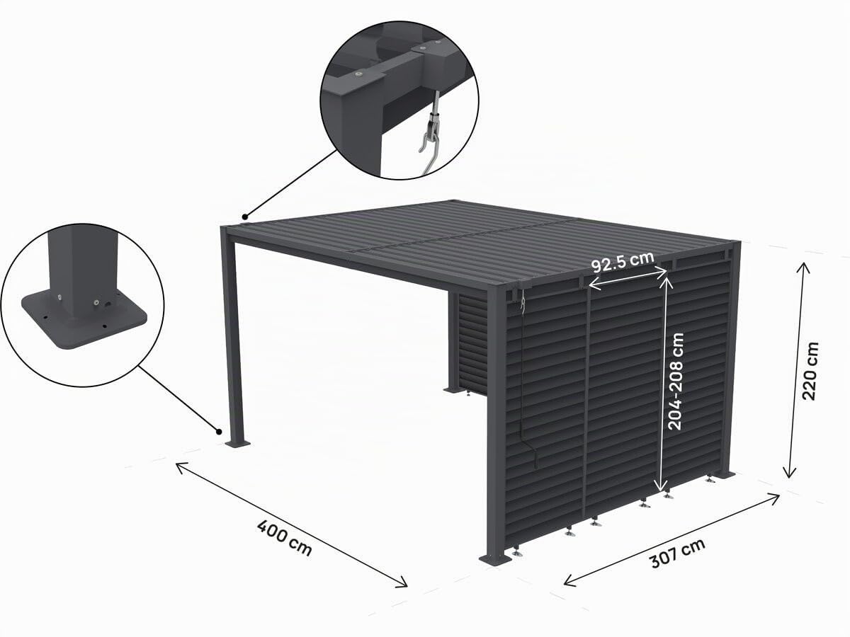 Pergola bioclimatique avec 7 persiennes en Acier galvanisé Howard - 3 x 4 m - Gris