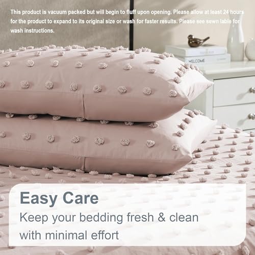 Image of Swift Home Full /Queen Blush Comforter Set - Decorative Tufted Pom Poms Bedding Set - 3 Pieces Bed Linen, 1 Comforter and 2 Pillow Shams