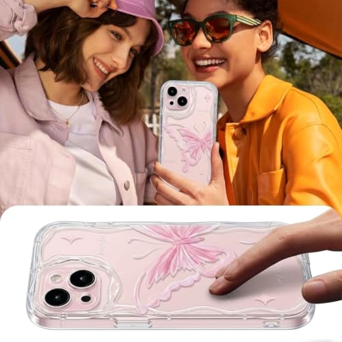 Image of VONZEE Cute Pink Butterfly Transparent Back Cover for iPhone 15| Clear Shockproof TPU Protective Case | Slim Anti-Yellowing Crystal Clear Phone Cover for Girls and Women