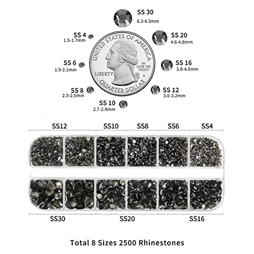Image of Beadsland Rhinestones for Makeup,8 Sizes 2500pcs Blackdiamond Flatback Rhinestones Eye Gems for Nails Crafts with Tweezers and Wax Pencil,Blackdiamond,SS4-SS30