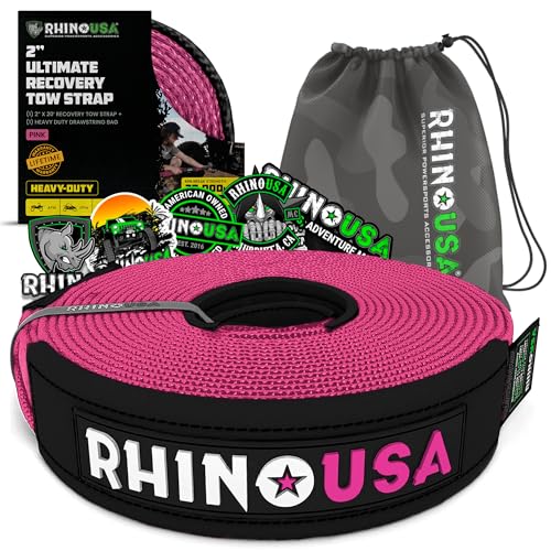 Image of Rhino USA Recovery Tow Strap (2 inch x 20') - 20,024lb Break Strength - Emergency Recovery Strap Tow Rope for UTV, ATV & More - Heavy Duty Towing Strap for Offroad 4x4 Use - Compatible with RZR and Can-Am