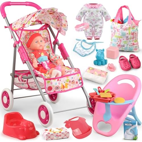 Baby Doll Stroller Set Toys for Girls Toddlers 3-5 4-6 Gifts,Baby Doll Set with 12.5 inch Doll,1 Baby Dining Chair,20 PCS Baby Doll Accessories and 2 Sets Doll Clothes for Realistic Pretend Play