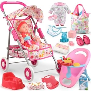 Baby Doll Stroller Set Toys for Girls Toddlers 3-5 4-6 Gifts,Baby Doll Set with 12.5 inch Doll,1 Baby Dining Chair,20 PCS Baby Doll Accessories and 2 Sets Doll Clothes for Realistic Pretend Play