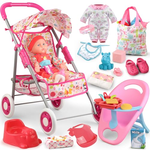 Baby Doll Stroller Set Toys for Girls Toddlers 3-5 4-6 Gifts,Baby Doll Set with 12.5 inch Doll,1 Baby Dining Chair,20 PCS Baby Doll Accessories and 2 Sets Doll Clothes for Realistic Pretend Play by YIYBM - Used condition - US$30.46