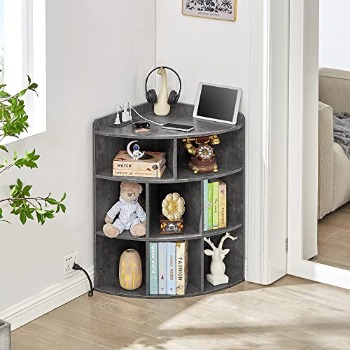 Vecelo Corner Cabinet With Charging Station, 3-Tier Cube Storage Organizer With Usb Ports And Outlets, Triangle Bookcases With 8 Cubbies For Playroom, Bedroom, Living Room, Grey #TOP3